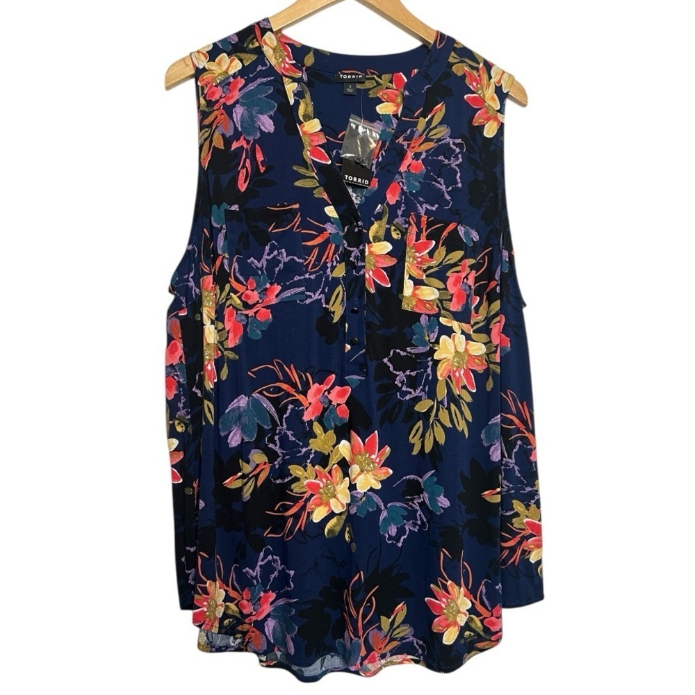 NWT Torrid Blue and Orange Floral Sleeveless Blouse with V-Neck Size 1X